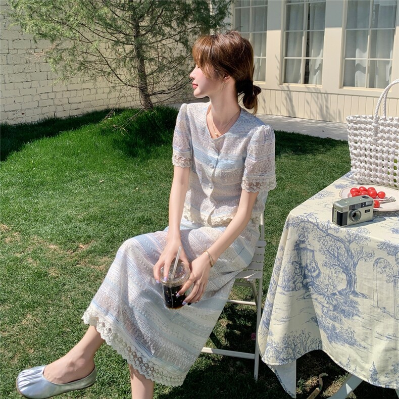法式时尚套装蕾丝连衣裙女夏2025新款小香风上衣半身裙两件套潮,女装套装/套裙,2C098