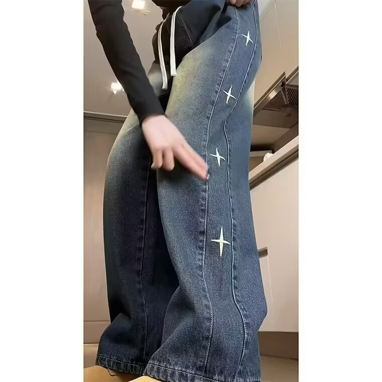 N44-P41美式高街秋季款松紧腰星星牛仔裤女宽松直筒阔腿长裤,男装牛仔裤,电商B323A