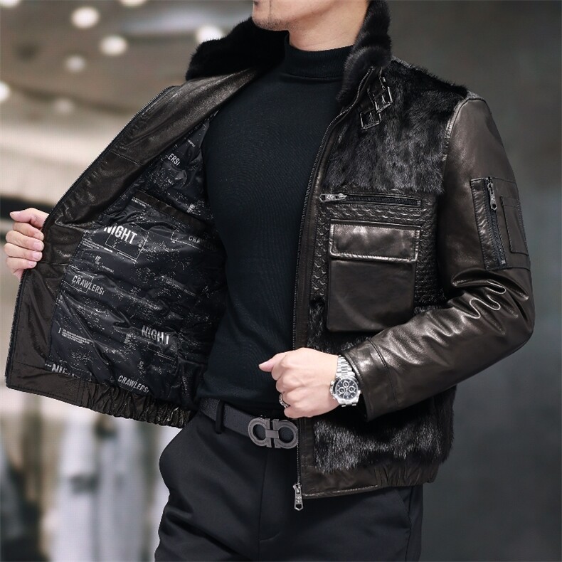 BIJ901冬季新款海宁真皮羽绒服男山羊皮夹克翻领时尚男装机车皮衣,男装皮衣,电商B360