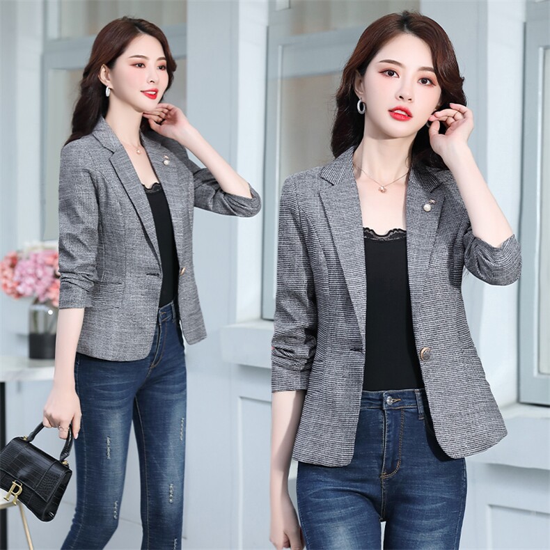 2021春秋季新款银丝灰格时尚优雅小西装，女装西装，阿菲诺依