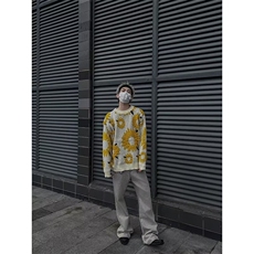 日系复古向日葵植绒毛衣慵懒高级感男女bf潮牌针织衫秋情侣装，男装针织衫/毛衣，星座716-4
