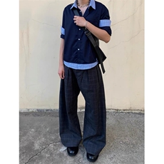 现货蓝色格子拼接翻领长袖上衣情侣款男女假两件衬衫CX03-TP45，男装衬衫，星座910A