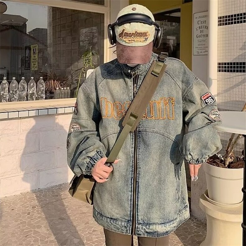 JK8899-P65美式机车风牛仔外套男水洗做旧潮牌炸街刺绣,男装工装外套,电商B323A