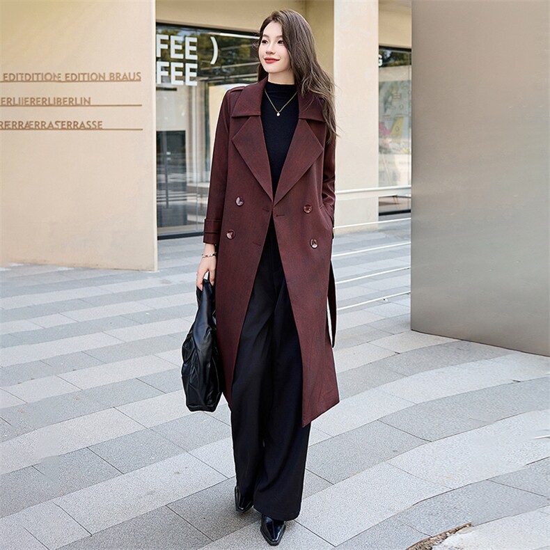 高级感红色风衣外套女2025春秋新款英伦风长款高端气质大衣,女装风衣,火爆靓佳人