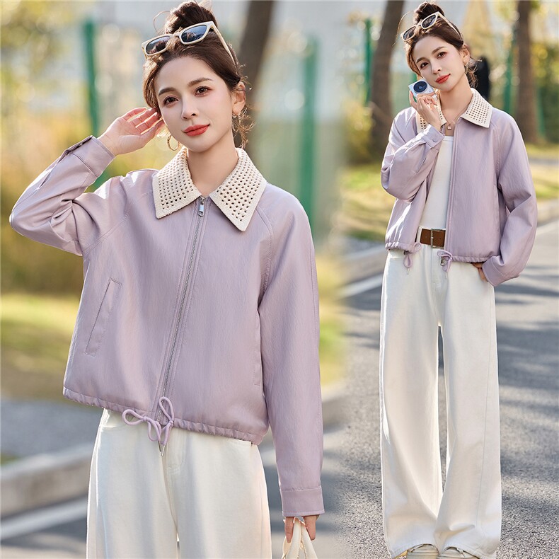 已出货春装新品小皮衣外套女短款潮流时尚显瘦拼接polo领上衣潮,女装皮衣,吾爱衣