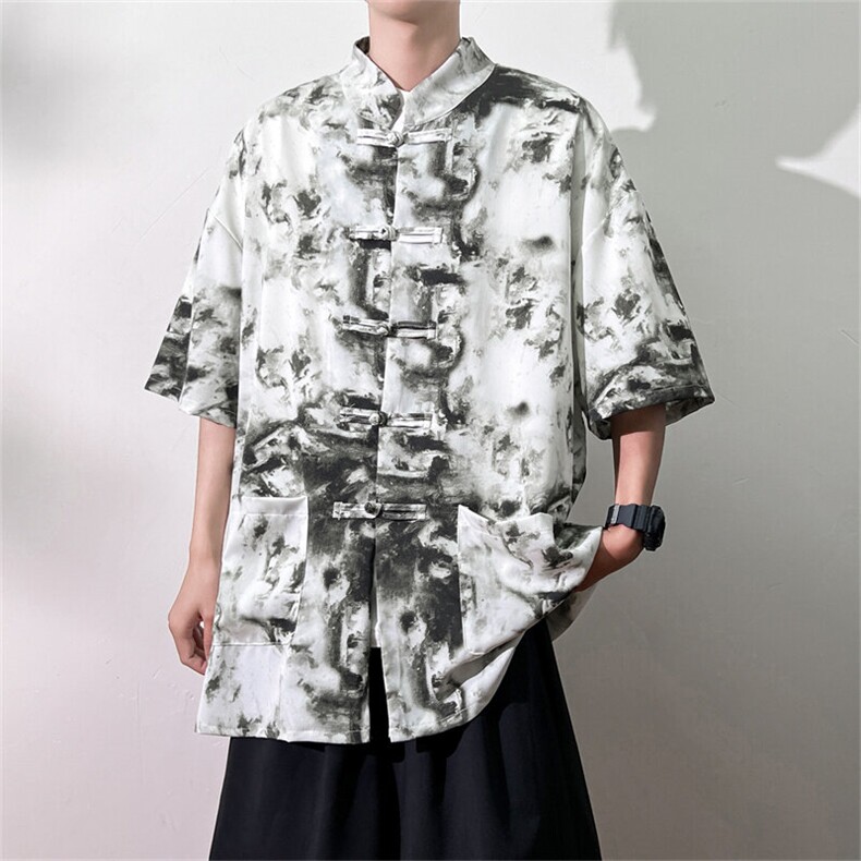 2025夏装新中式冰丝短袖衬衫男休闲宽松大码花衬衣C601P40,男装衬衫,电商C323