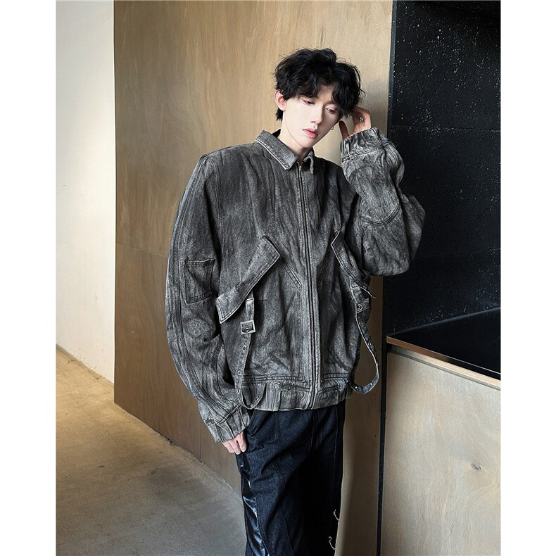 美式复古皮衣外套男短款潮牌高级感痞帅春秋cleanfit翻领机车夹克，男装夹克，星座601-2