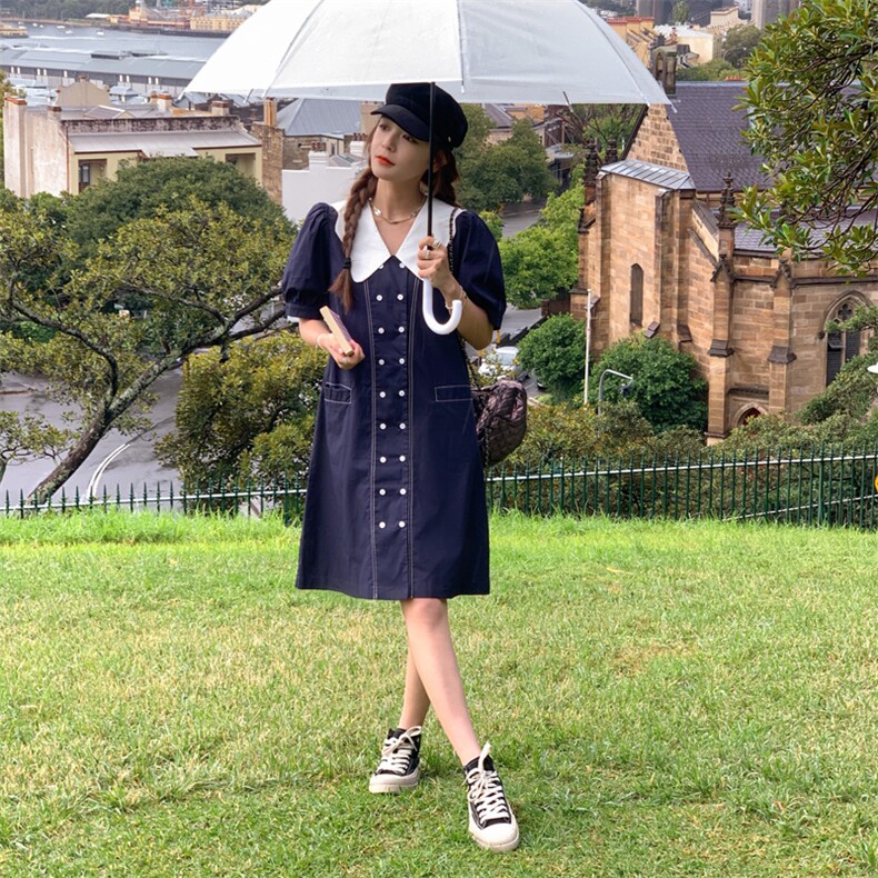 娃娃领连衣裙女夏季遮肉显瘦休闲宽松质感高级感学院风小个子裙子，女装连衣裙，帛香坊