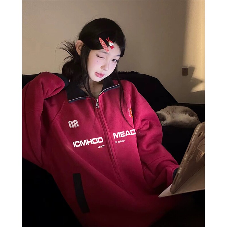 抖音得物美式高街重磅结构设计拼接织带立领印花卫衣外套ACM4201,女装短外套,电商A443