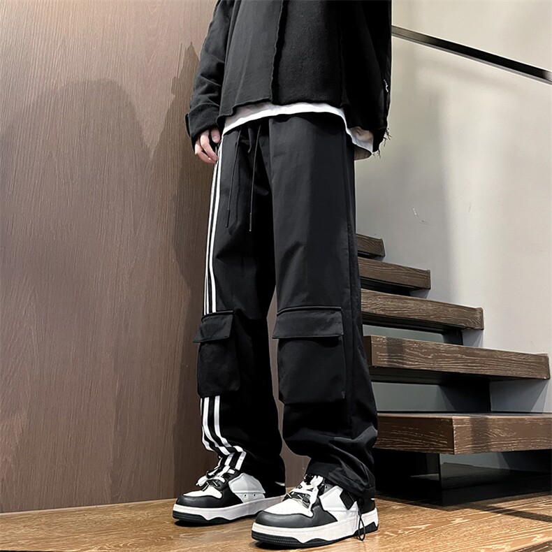 港风秋冬工装裤三条杠拖地宽松休闲伞兵裤男K23320-P50控68,男装工装外套,星座717