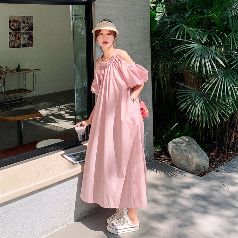 纯色甜美露肩连衣裙女夏季2025新款设计感法式宽松泡泡袖长款裙子,女装连衣裙,2C110