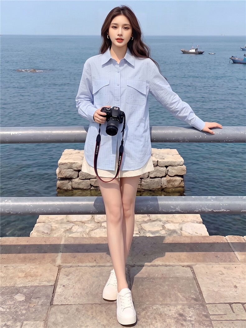 女款春秋新款设计感纯色翻领百搭单排扣宽松时尚简约小个子衬衣潮,女装衬衫,江南