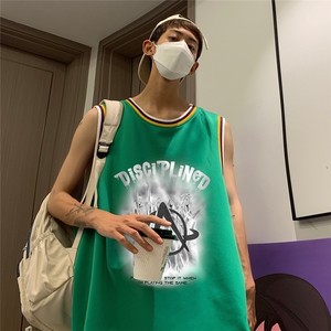 港风 纯棉夏季休闲拼色螺纹印花网眼篮球背心男女 T6930 P35控48图片
