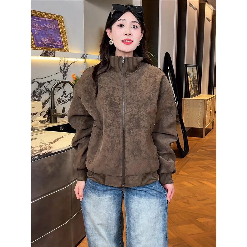 W11103-P75网图现货新款双拉链立领纯色休闲夹克外套松弛感百搭,男装夹克,星座1608