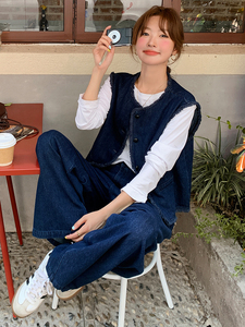 韩系蓝色小香风牛仔套装女2025春季新款时尚休闲马甲阔腿裤两件套图片