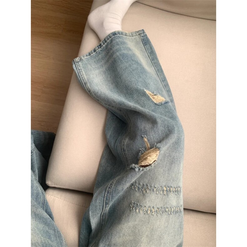 美式高街做旧破洞牛仔裤设计感不规则瘦阔腿长裤,男装牛仔裤,星座1018A