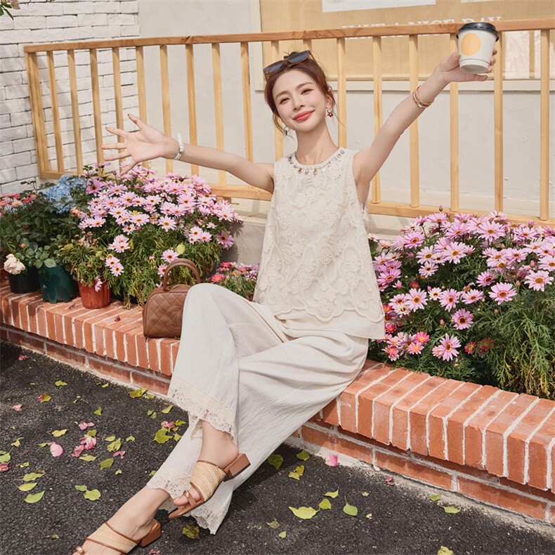 轻熟风韩系蕾丝刺绣亮片背心上衣气质棉麻直筒阔腿裤两件套女夏季，女装套装/套裙，苗苗