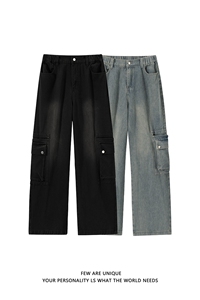 白底 春季美式水洗工装牛仔裤男大口袋阔腿裤子-A1429P55控88图片