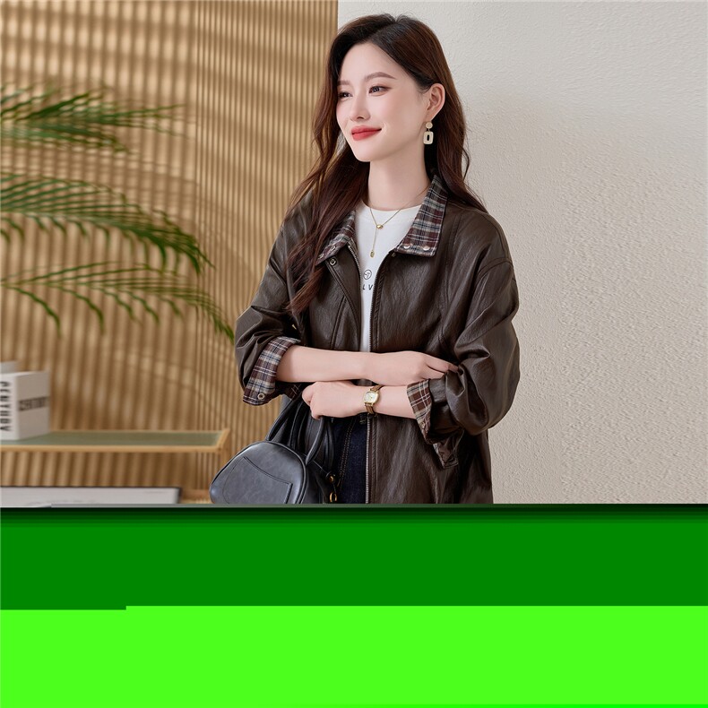 现货2025年秋季时尚文艺翻领格子拼接宽松型休闲皮上衣,女装皮衣,依恋蒂丝