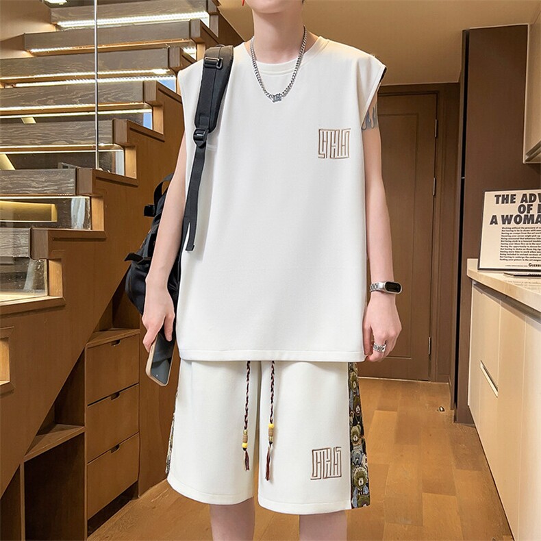 男士两件套五分短裤休闲运动套装男刺绣拼接背心A266-TZ2207-P43,男装休闲套装,电商A266