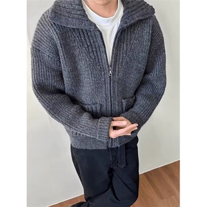 复古毛织混纺毛衣拉链立领开衫灰色慵懒松弛秋冬外套 M350图片