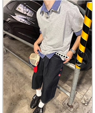 得物抖音高品质二开夏季美式潮牌高街假两件格子衬衣翻领短袖T恤，男装T恤，电商A486