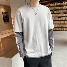 【】春秋新款纯棉T恤新款字母印花假两件长袖男DS453TP35，男装T恤，电商A102