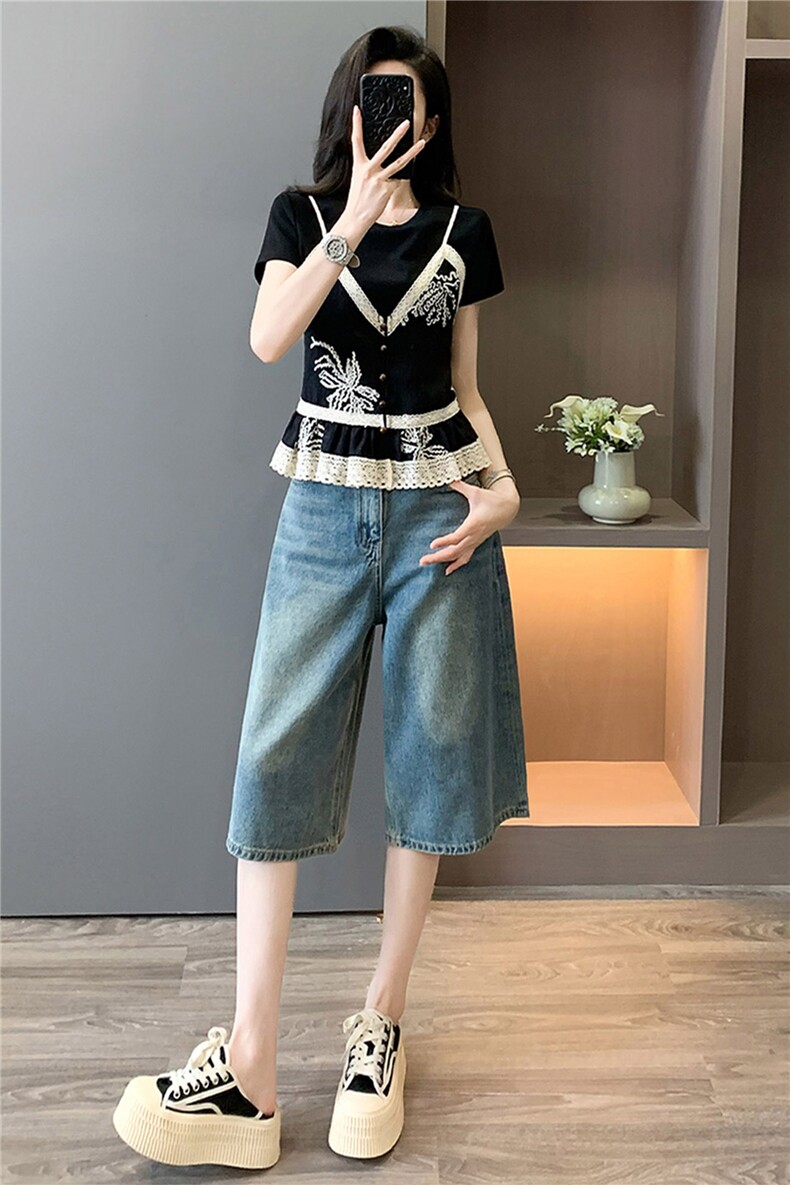 高级感时尚减龄套装女夏设计感蕾丝拼接假两件上衣牛仔中裤两件套,女装套装/套裙,江南