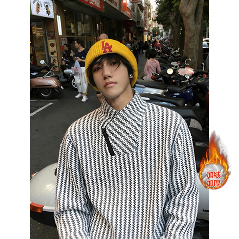 斜领拉链卫衣男款秋冬加绒美式鱼骨纹长袖打底衫常规40加绒P45,男装T恤,四季星座505
