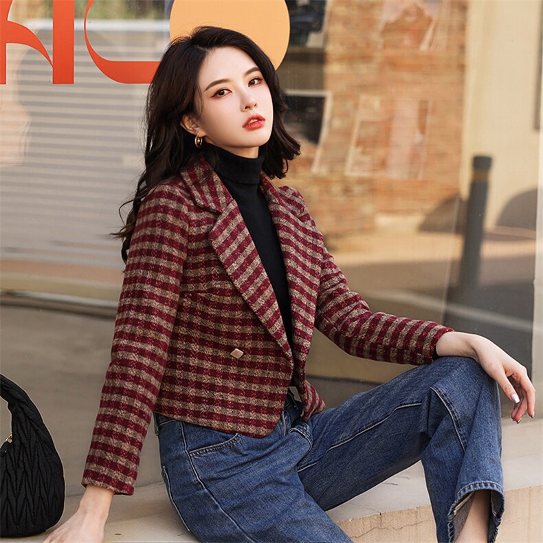 婵米儿毛呢外套女2025秋冬新款韩版修身格子小西装上衣外搭,女装毛呢外套,婵米儿