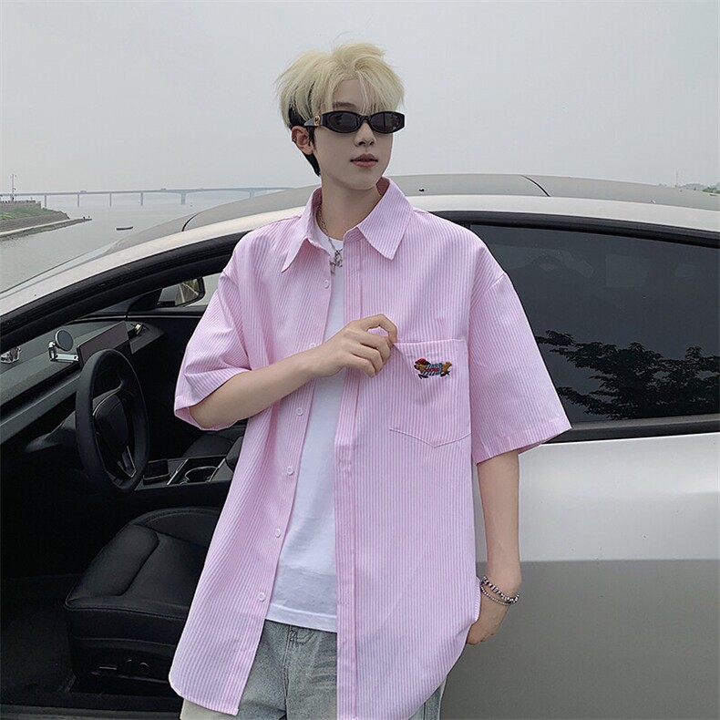 B221美式ins港风宽松薄款条纹短袖衬衫SY2556-特P35控59,男装衬衫,电商B221