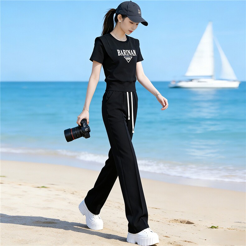 小众设计感时尚运动休闲套装女夏圆领字母短袖上衣休闲长裤两件套,女装套装/套裙,江南