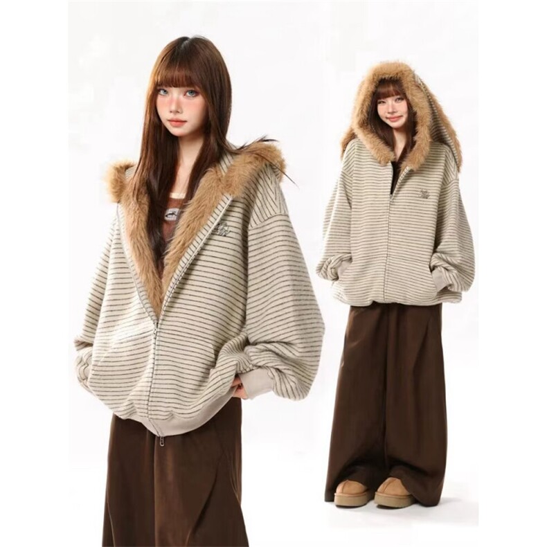 兔耳长毛绒连帽卫衣女韩版秋冬加绒小个子条纹开衫外套W6892-P95，女装短外套，星座412-3