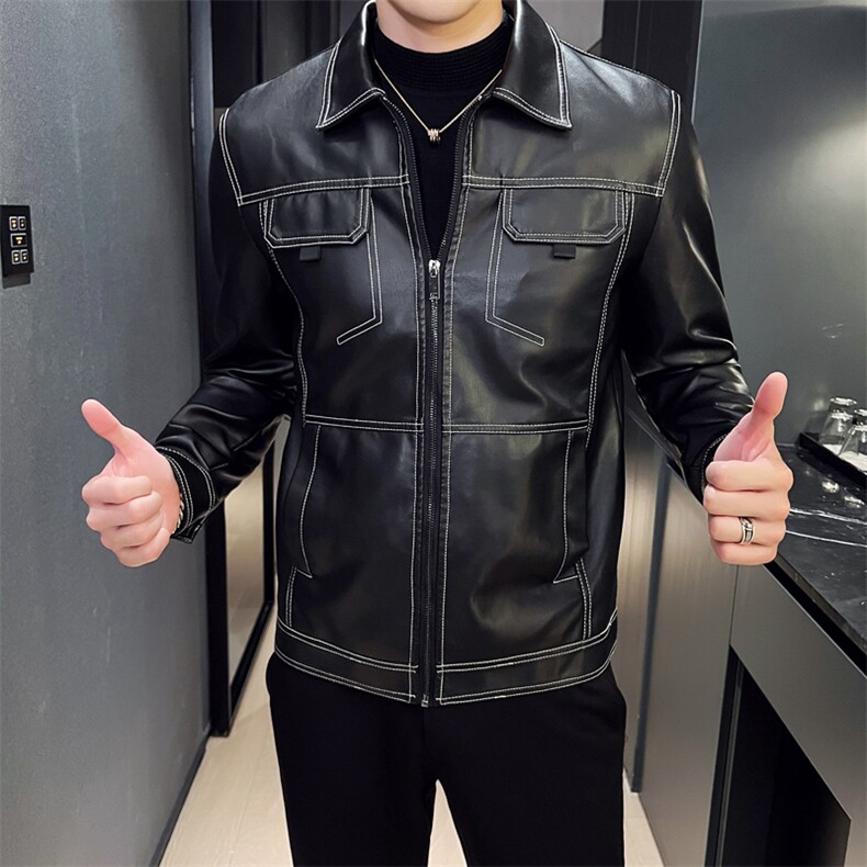 2024秋冬皮衣夹克 修身翻领PU机车皮衣外套男py56603-p98 M-4XL图片