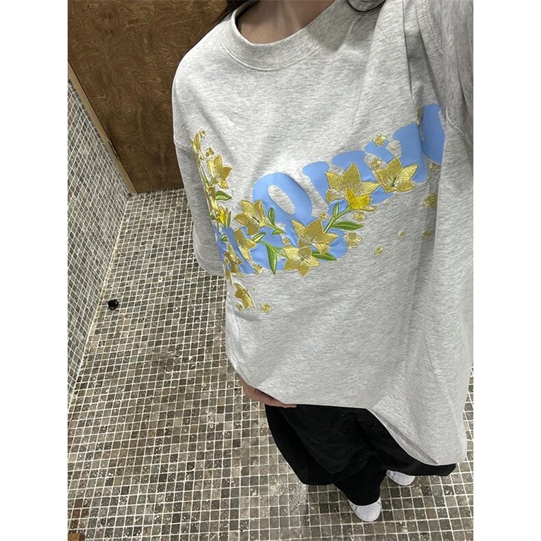 网图有货美式8字logo花卉刺绣短袖T恤男女情侣宽松上衣A558-P35，男装T恤，星座1505