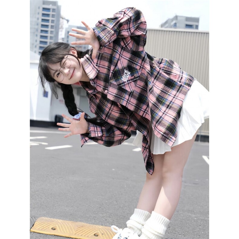 TC613-P45甜美粉色格子衬衫女早秋季高级感显瘦百搭宽松外套，女装衬衫，星座617A-2