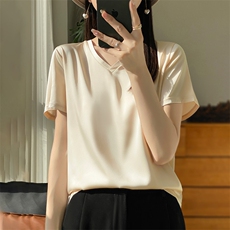 缎面短袖上衣女夏2024新款潮宽松时尚气质纯色衬衫，女装衬衫，绒宛羊绒