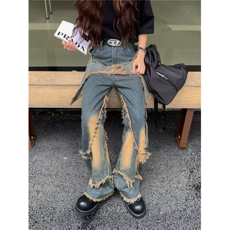 美式复古宽松显瘦牛仔裤男女春季设计感毛边拖地长裤直筒阔腿裤子,男装牛仔裤,星座601-1