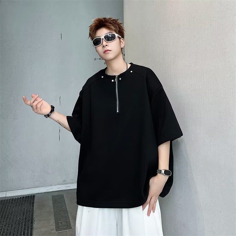 2025夏美式半拉链短袖t恤简约休闲百搭T恤T37P30,男装T恤,星座1108