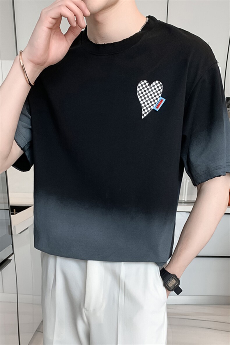 2024新款轻奢风吊染磨边休闲宽松渐变圆领短袖T恤潮男8860-p55,男装T恤,电商D303