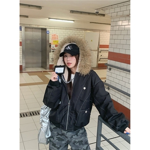 现货重磅boxy短款棉衣座山雕大毛毛领男女棉服水洗工装厚外套图片