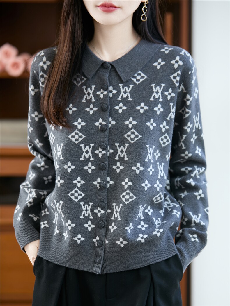 2025年秋季新款百搭女士polo领提花针织开衫,针织衫/毛衣,暖娇绒