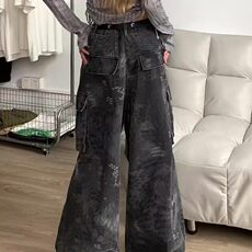 美式复古迷彩蛇纹工装牛仔裤高街辣妹宽松直筒阔腿拖地裤NA1986，男装牛仔裤，星座1116A（原606A-3）