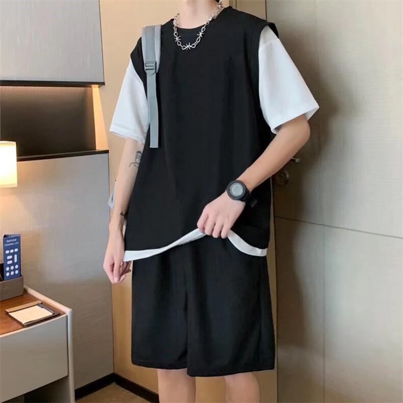 夏季五分裤文艺T恤五分袖休闲套装华夫格假两件套装JQ24P38,男装休闲套装,星座1116-2
