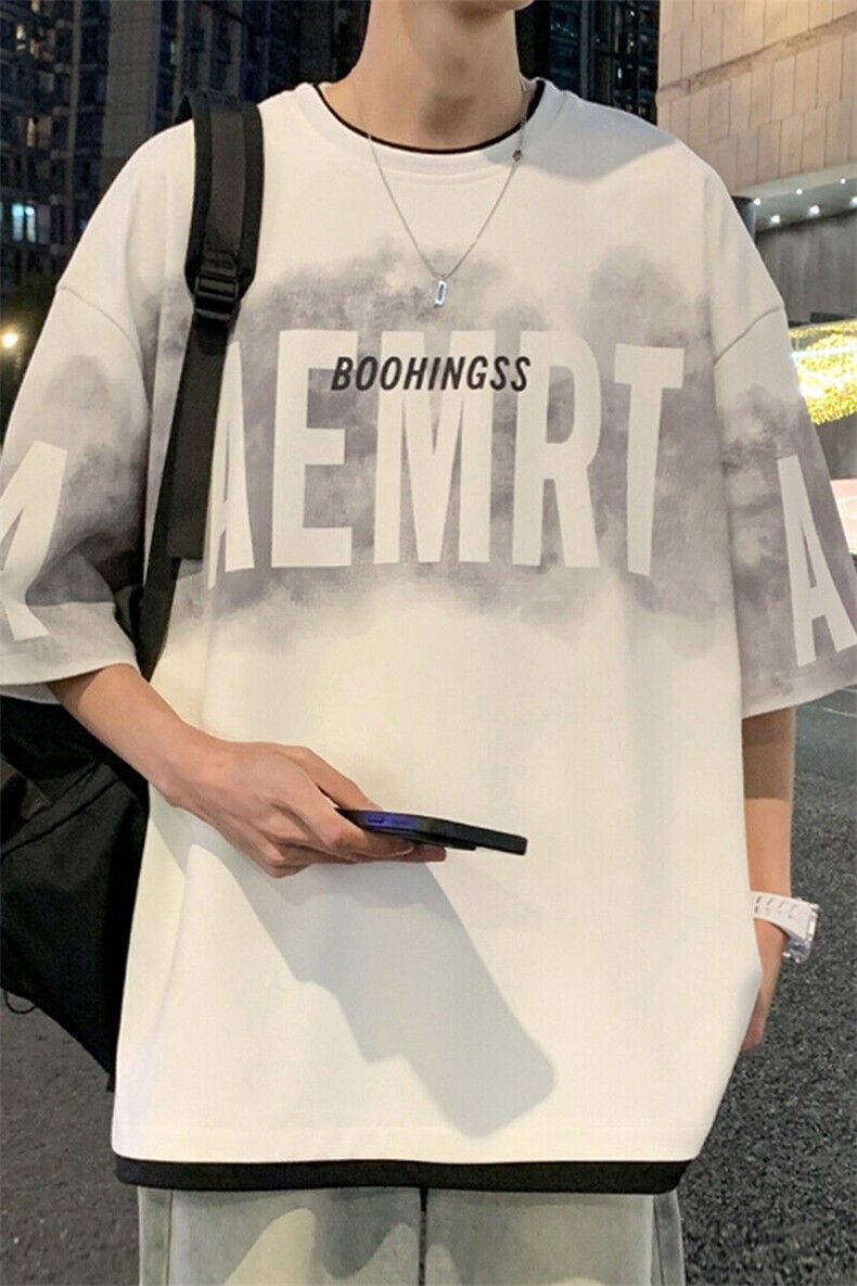 假两件短袖t恤男生夏季薄款字母印花潮牌宽松大码青少年半袖衣服,男装T恤,电商A022