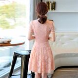 优雅蕾丝连衣裙女夏新款气质修身显瘦短袖A字裙甜美淑女裙子，女装连衣裙，贵人树