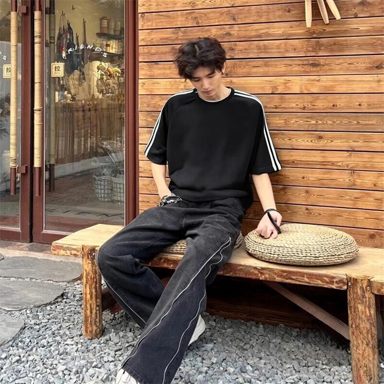 抖音得物高品质二开240克宽松纯棉美式潮牌三条杠织带短袖T恤，男装T恤，电商A486