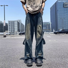 美式高街潮牌青春时尚百搭直筒复古做旧水洗拼接设计飘带牛仔裤子，男装牛仔裤，星座1013