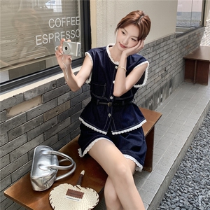 深蓝色蕾丝牛仔背心套装女2025夏季新款韩版小个子休闲短裤两件套图片