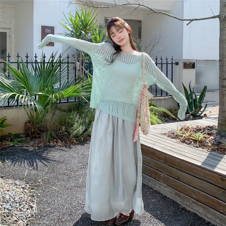 慵懒风绿色镂空防晒针织罩衫套装女2025夏季新款上衣半身裙两件套,女装套装/套裙,2C201